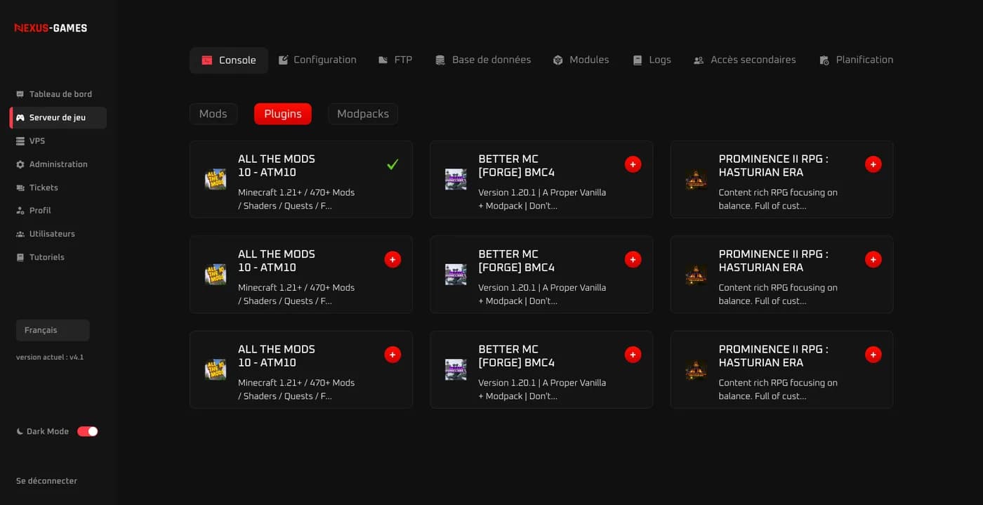 Aperçu du panel NexusPanel : installation de mods et modpacks en un clic