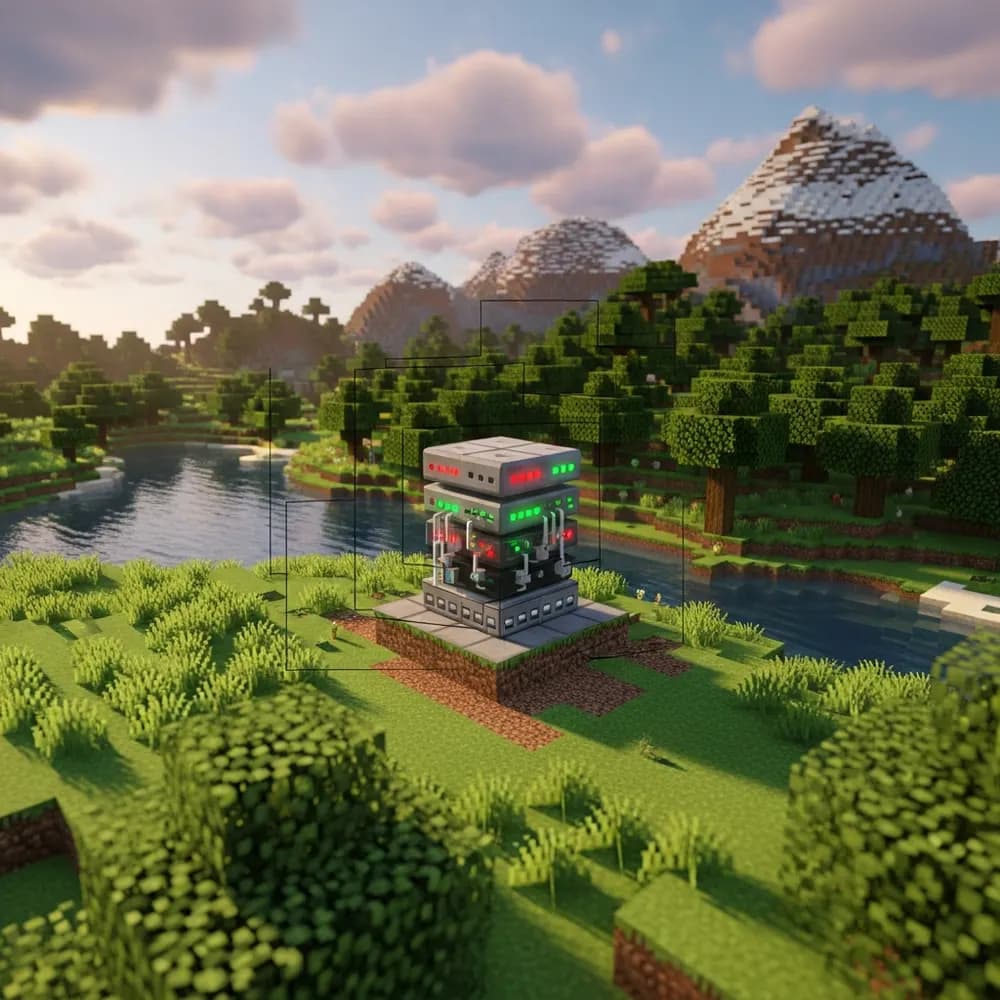 Ilustración inmersiva del tema: administrar servidor Minecraft multijugador
