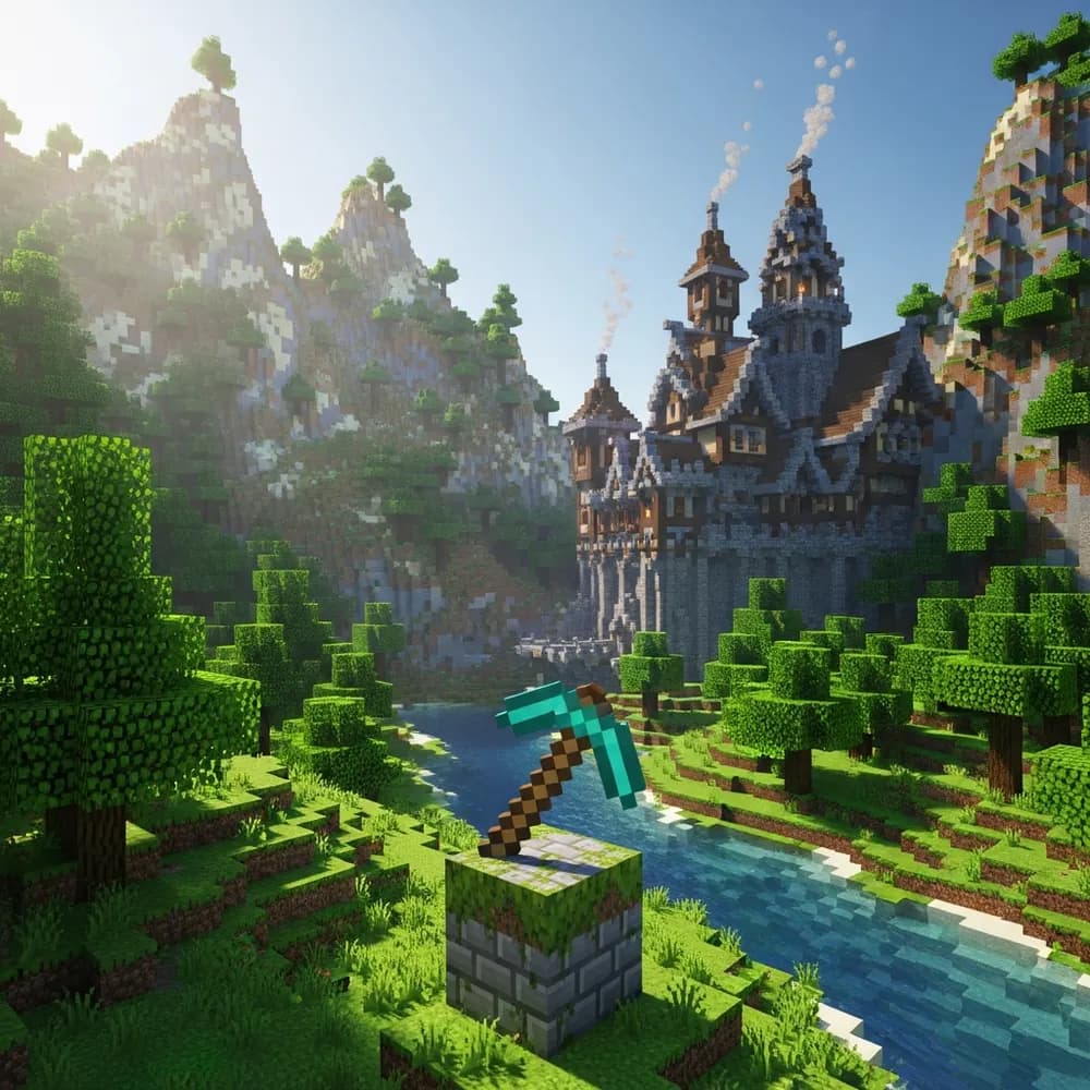 Ilustración inmersiva del tema: servidor Minecraft multijugador