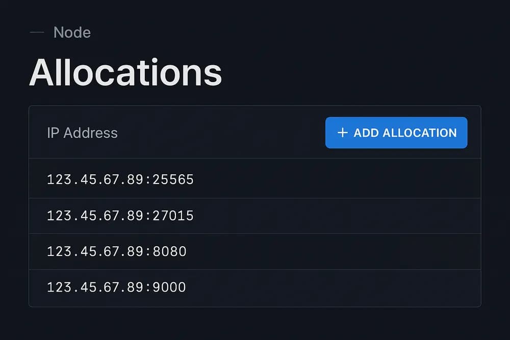 Capture du panel Pterodactyl montrant l’allocation de ports sur une node VPS, avec IP 123.45.67.89 et bouton Add Allocation