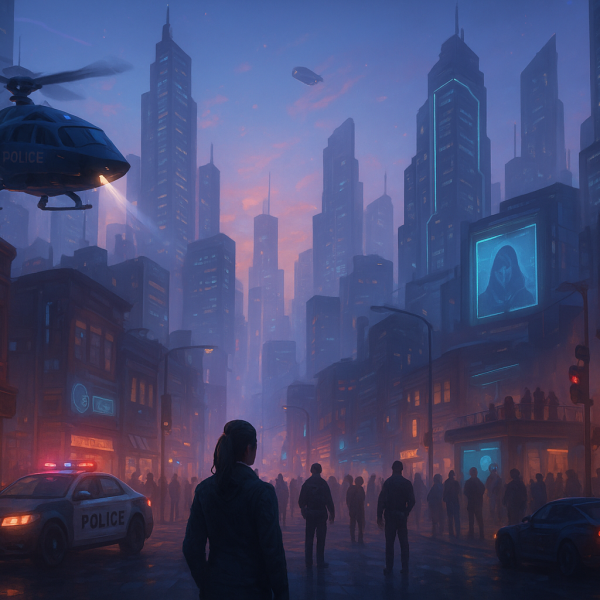 Illustration d’une métropole futuriste immersive représentant les tendances RP sur FiveM en 2025, avec IA, événements et ambiance réaliste.