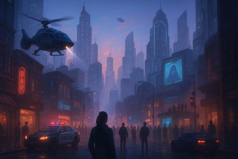 Illustration d’une métropole futuriste immersive représentant les tendances RP sur FiveM en 2025, avec IA, événements et ambiance réaliste.