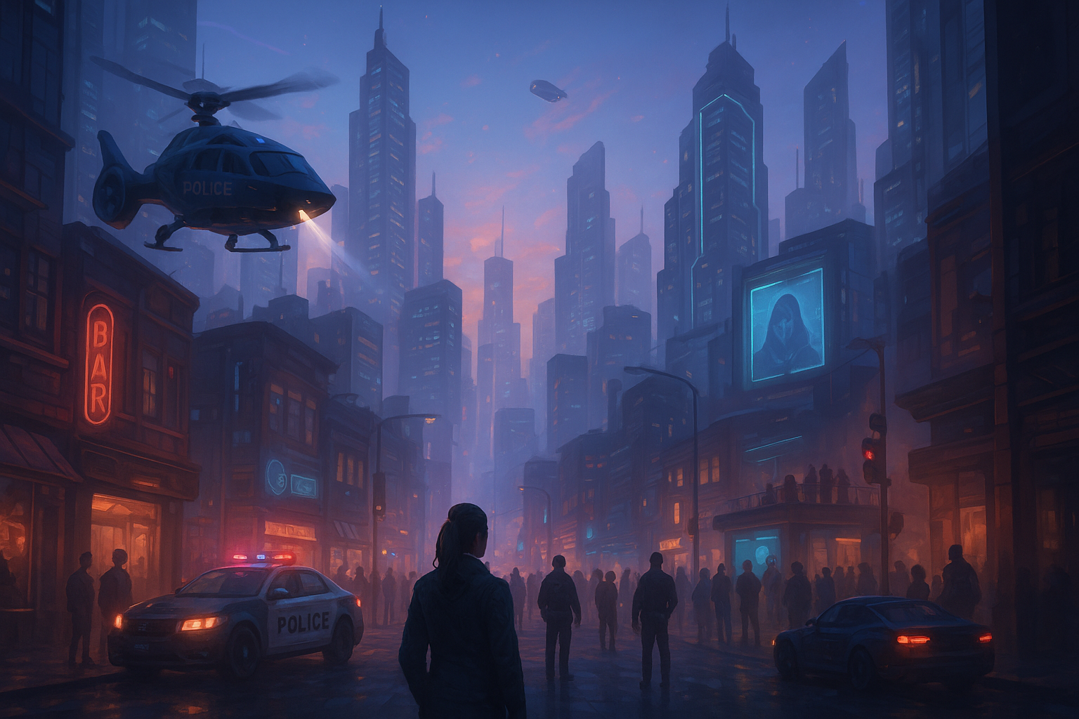 Illustration d’une métropole futuriste immersive représentant les tendances RP sur FiveM en 2025, avec IA, événements et ambiance réaliste.