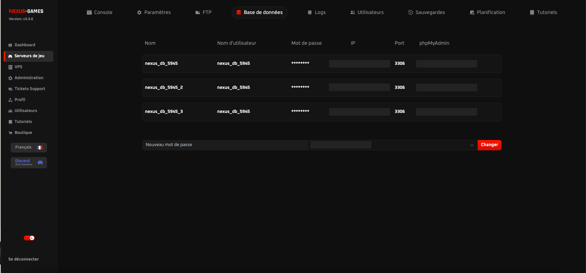Gestion base de données NexusPanel