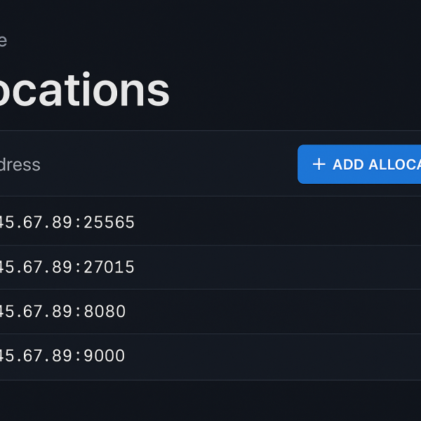 Capture du panel Pterodactyl montrant l’allocation de ports sur une node VPS, avec IP 123.45.67.89 et bouton Add Allocation