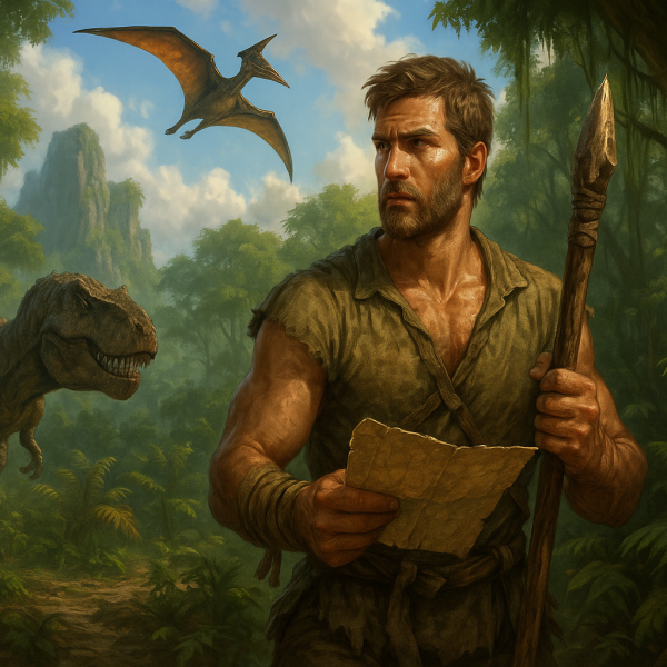 Guide ARK Ascended survivant explorant la jungle préhistorique avec une lance et un dinosaure au loin