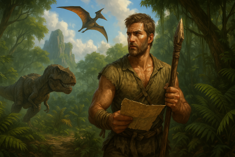 Guide ARK Ascended survivant explorant la jungle préhistorique avec une lance et un dinosaure au loin