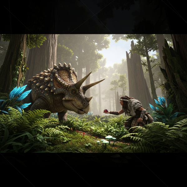 Illustration immersive du sujet : apprivoiser dinosaure ARK