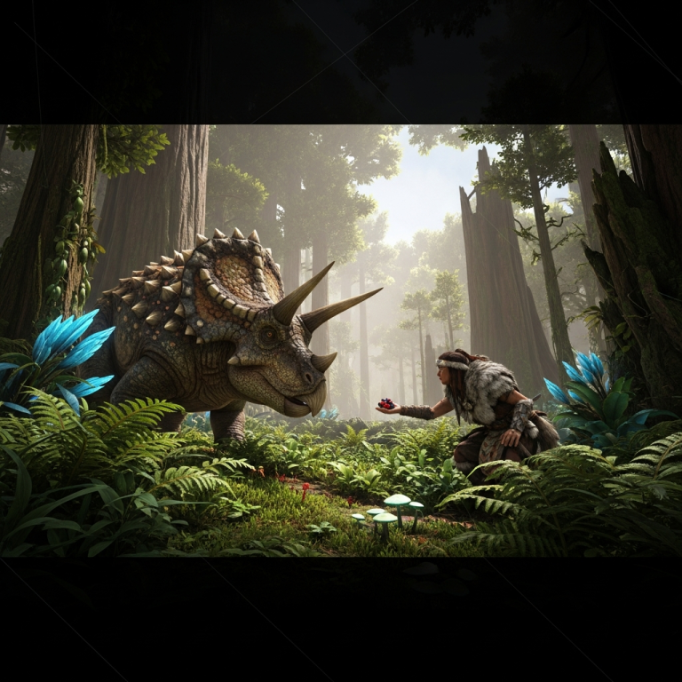 Illustration immersive du sujet : apprivoiser dinosaure ARK