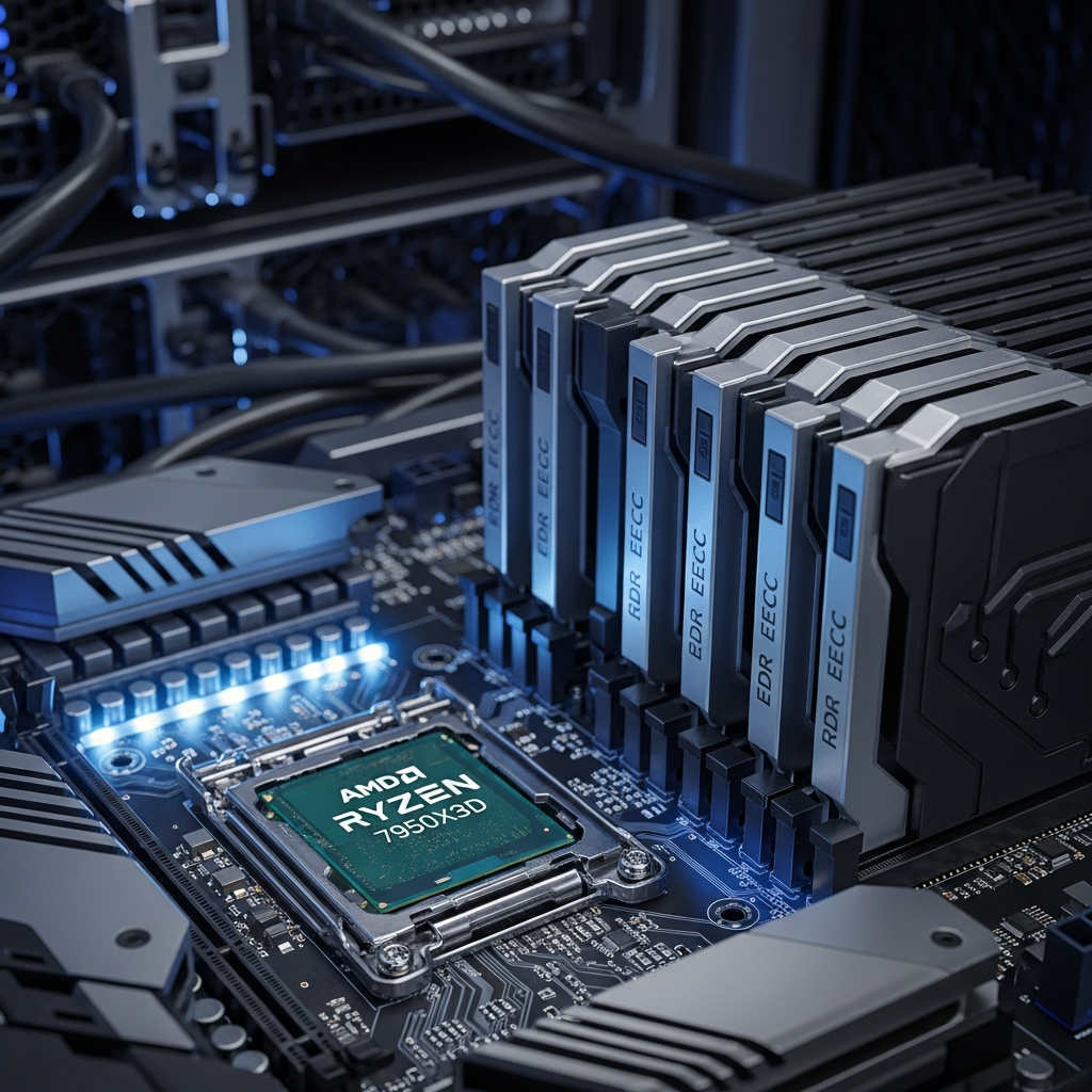 Close-up view of an AMD Ryzen 9 7950X3D processor installed on a high-end motherboard with DDR5 ECC RAM modules, illuminated by soft blue LED lighting in a modern server rack environment, photorealistic, highly detailed