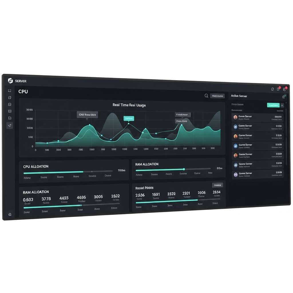 Detailed screenshot of a modern server management panel interface displaying real-time CPU usage graphs, RAM allocation metrics, and active game server instances with clean dark theme UI, photorealistic, sharp focus on screen details