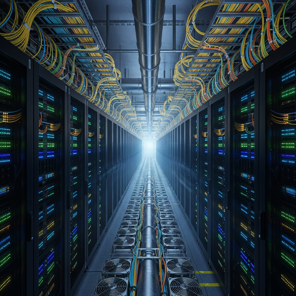 Wide shot of a professional data center interior showing rows of server racks with glowing status LEDs, fiber optic cables neatly organized, and cooling systems, emphasizing high-performance gaming infrastructure, photorealistic, cinematic lighting