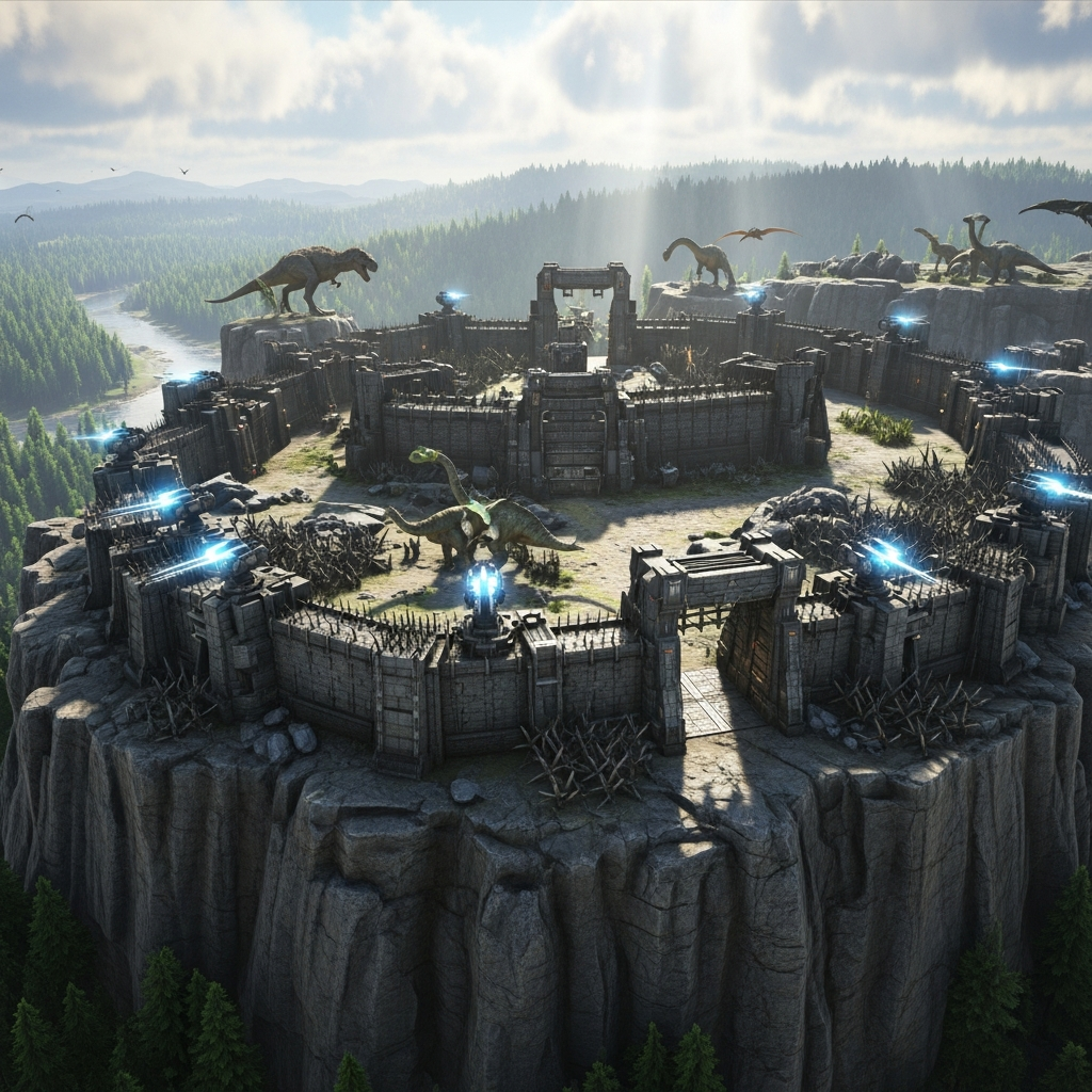 aerial view of a fortified stone base built on a high plateau surrounded by cliffs in ARK Survival Ascended, with metal spikes, turrets and behemoth gates visible, realistic Unreal Engine 5 graphics