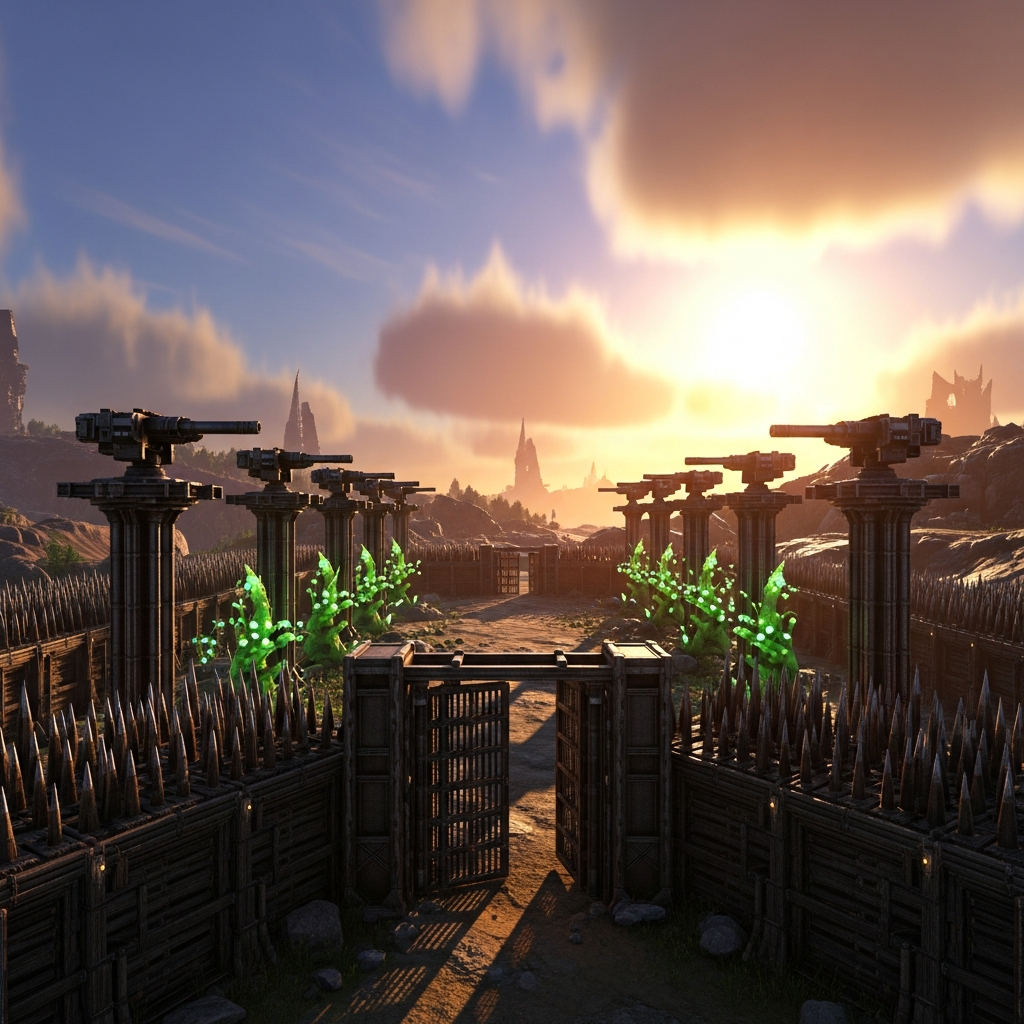 exterior defensive setup of an ARK base with rows of heavy auto-turrets on metal pillars, plant species X, spike walls and a behemoth gate entrance, sunset lighting, high detail