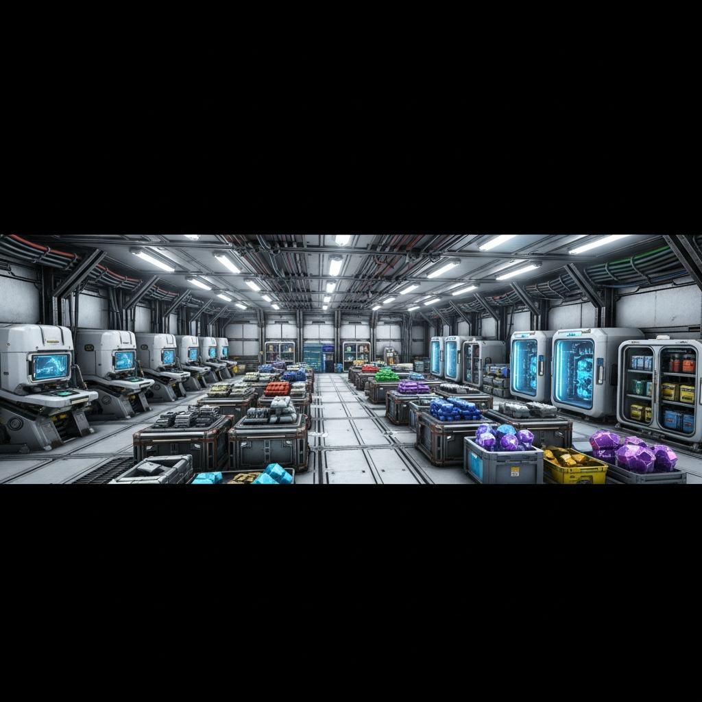 interior of a well-organized metal base in ARK Survival Ascended showing industrial forges, fabricators, cryofridges and item vaults neatly arranged, bright artificial lighting, photorealistic