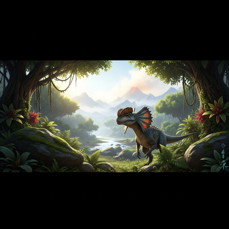 Illustration immersive du sujet : dinosaures ARK early game