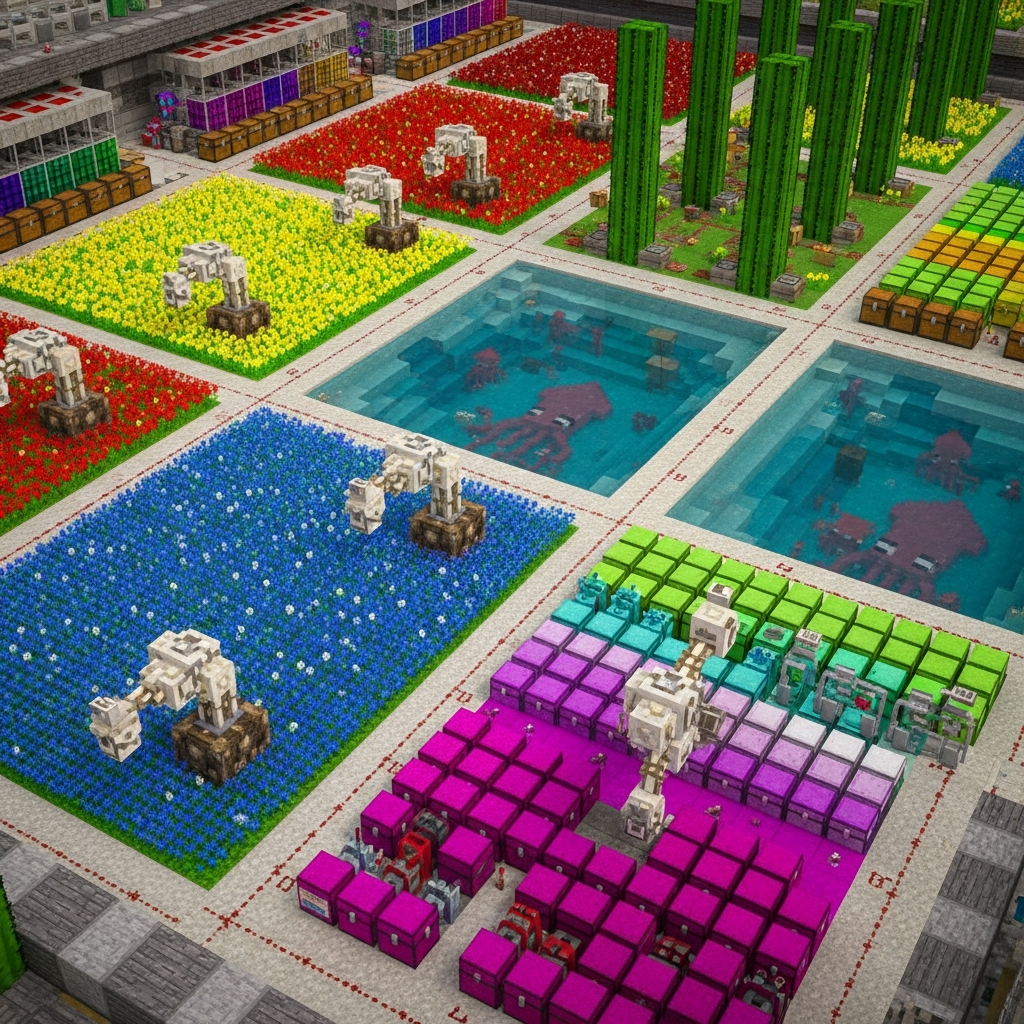 A bird's-eye photorealistic view of a massive Minecraft industrial dye production facility with multiple automatic farms, showing flower fields with bone meal dispensers, squid spawning pools, cactus towers, and complex redstone circuits with colored hoppers and chests organized by color, rendered with ray tracing lighting