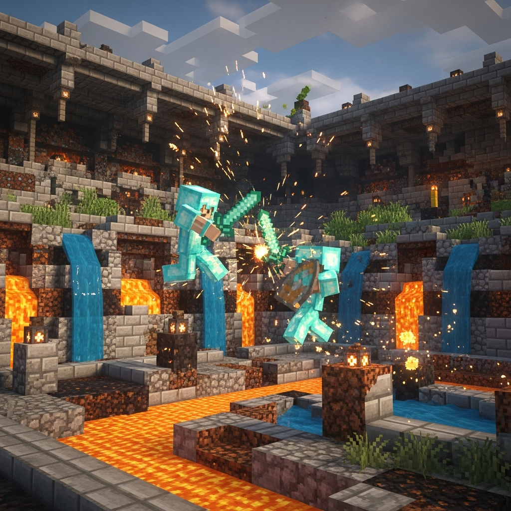 Actionreiche Szene eines Minecraft-PvP-Kampfes, bei dem zwei Spieler in Diamantrüstung mit Diamantschwertern kämpfen, umgeben von kritischen Treffer-Partikeln, auf einer speziell gebauten PvP-Arena mit detaillierter Umgebung