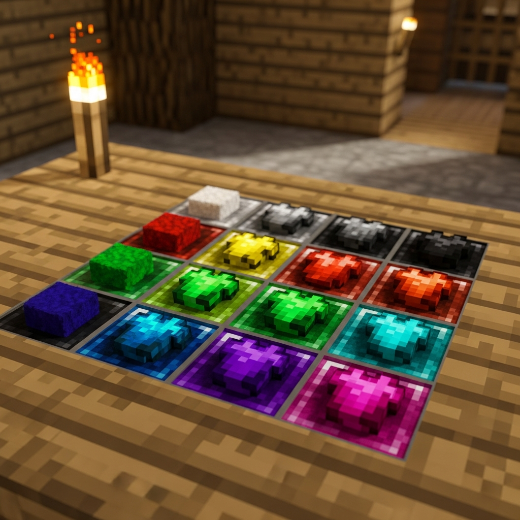 A detailed close-up view of a Minecraft crafting table with 16 colored dye items arranged in a grid pattern, showing vibrant wool blocks, leather armor pieces and glass panes in each of the 16 official Minecraft colors, with a torch illuminating the scene in a wooden interior