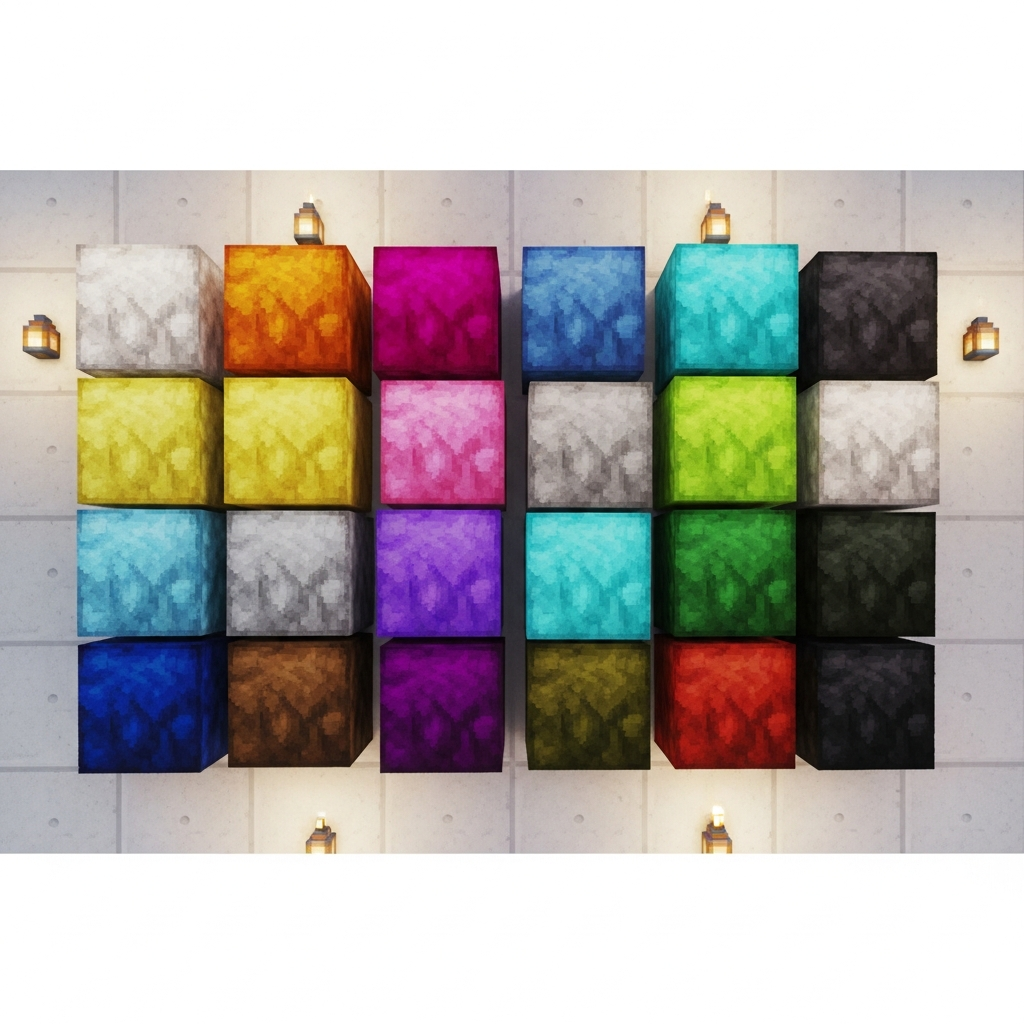A detailed photorealistic Minecraft screenshot showing all 16 colored wool blocks arranged in a perfect grid pattern against a white concrete wall, with soft lighting from lanterns, high-resolution textures, vibrant colors showcasing white, orange, magenta, light blue, yellow, lime, pink, gray, light gray, cyan, purple, blue, brown, green, red, and black wool