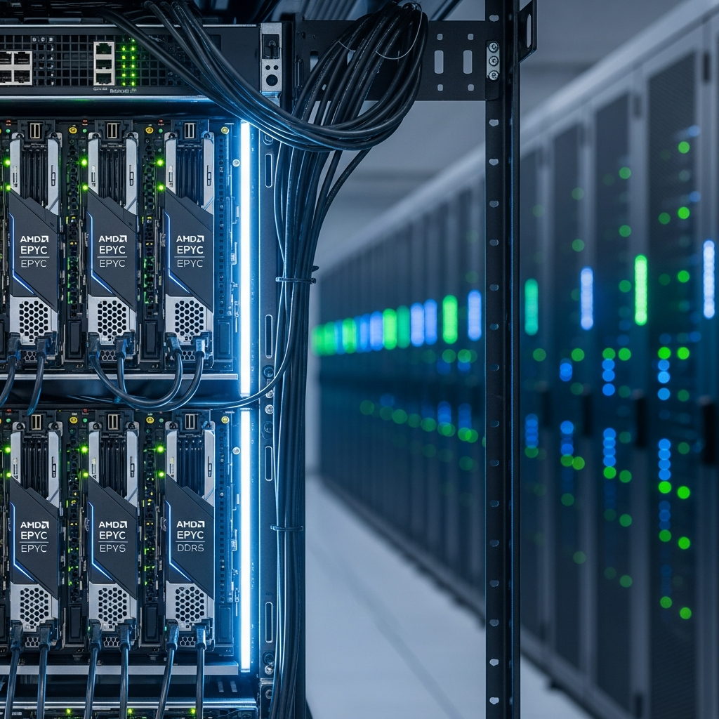 A detailed photorealistic image of a modern server rack with glowing blue LED lights, showing high-performance AMD processors and DDR5 RAM modules, representing professional game server hosting infrastructure in a clean data center environment