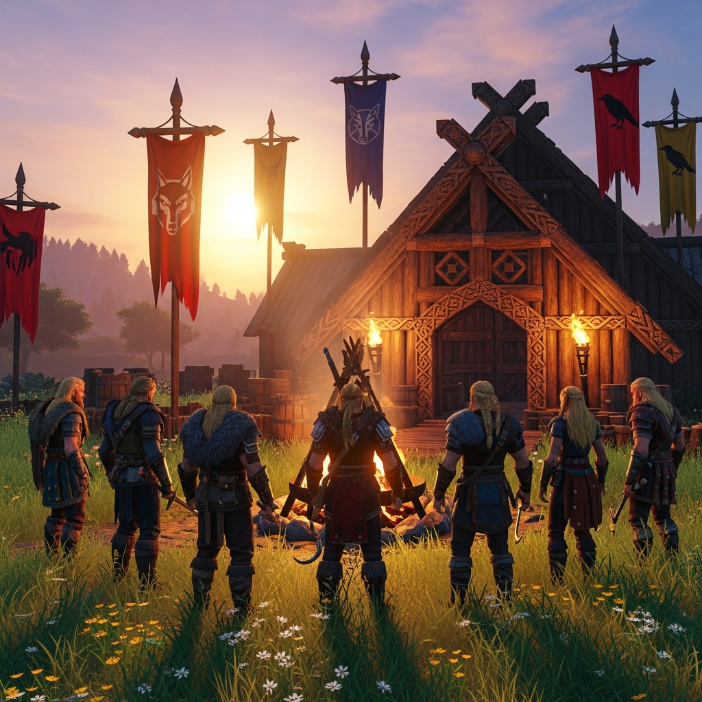 A detailed photorealistic screenshot of multiple Viking characters standing together in front of a large wooden mead hall in Valheim, with banners and torches visible, showcasing the multiplayer co-op experience in a Meadows biome at sunset