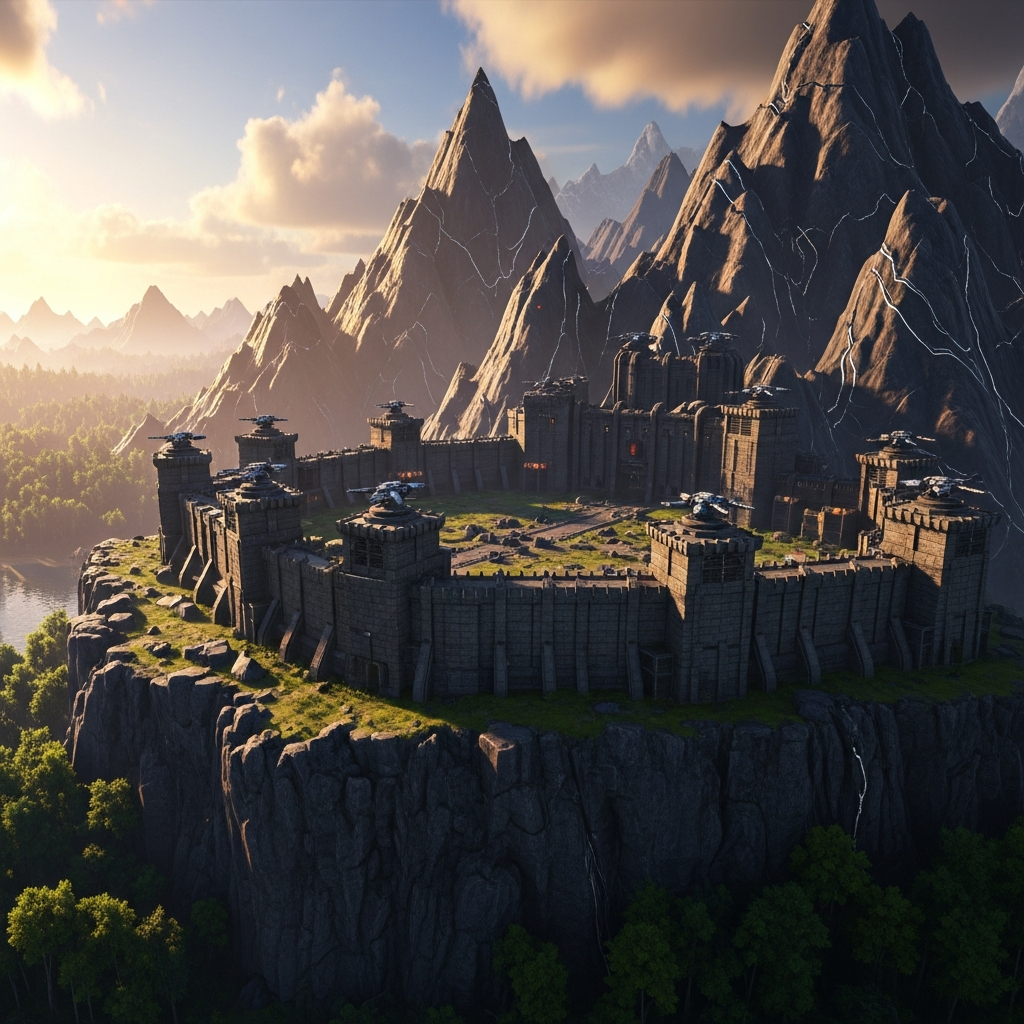 Aerial photorealistic view of a fortified stone base built on a cliff plateau in ARK Survival Ascended, surrounded by metal-rich mountains, with defensive walls and turret towers overlooking a lush valley, cinematic lighting, Unreal Engine 5 graphics