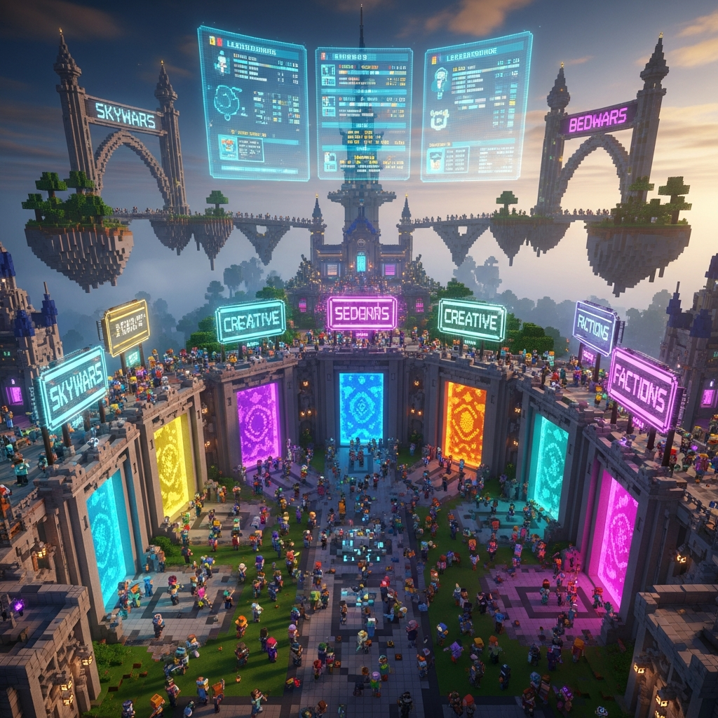 Aerial view of a massive Minecraft multiplayer lobby with colorful portal gates, hundreds of players in custom skins, holographic leaderboards floating above spawn, futuristic neon signs for different minigames, bustling activity, photorealistic rendering, cinematic lighting
