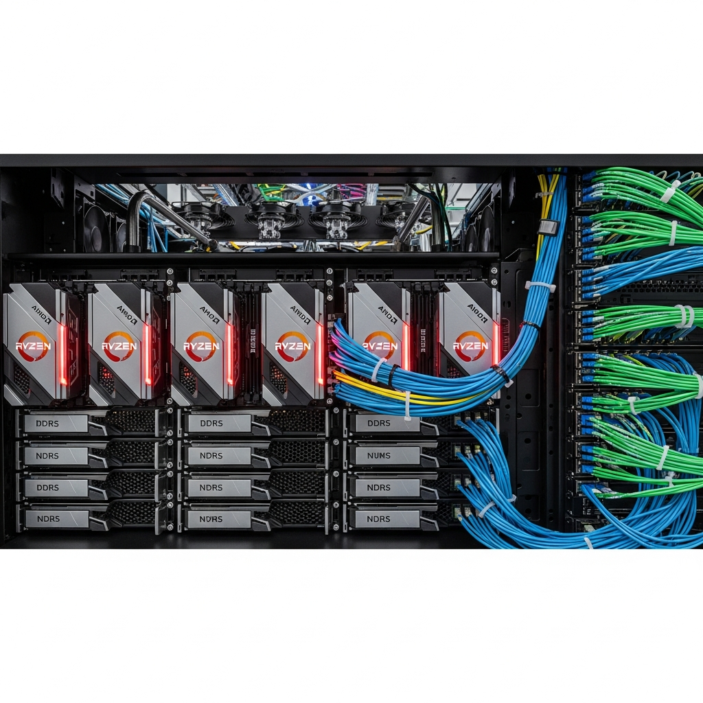 A modern data center server rack showcasing AMD Ryzen processors with glowing LEDs, DDR5 RAM modules, and NVMe SSD drives, surrounded by fiber optic cables and cooling systems, ultra-realistic 4K quality