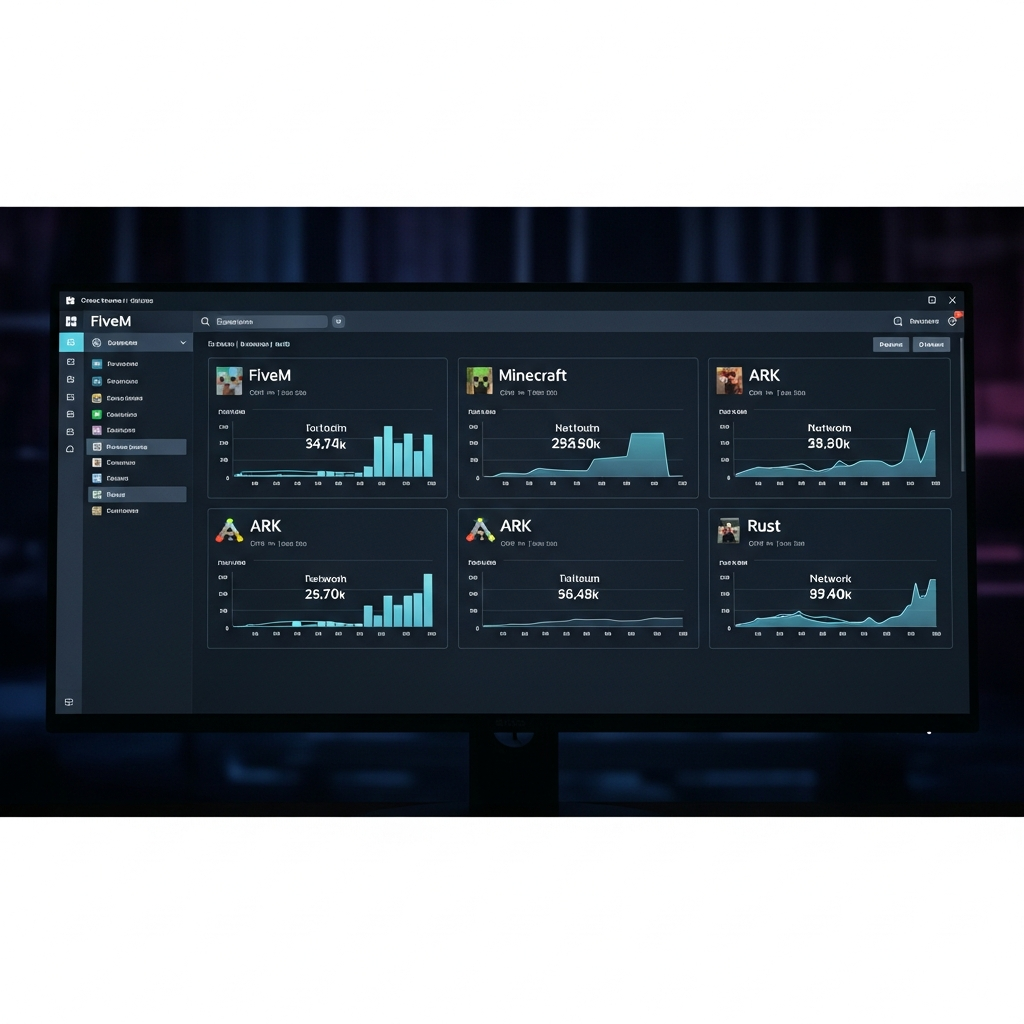 A modern server control panel dashboard displaying multiple game server instances running simultaneously - FiveM, Minecraft, ARK and Rust - with real-time CPU, RAM and network usage graphs on dark theme interface, photorealistic 4K quality