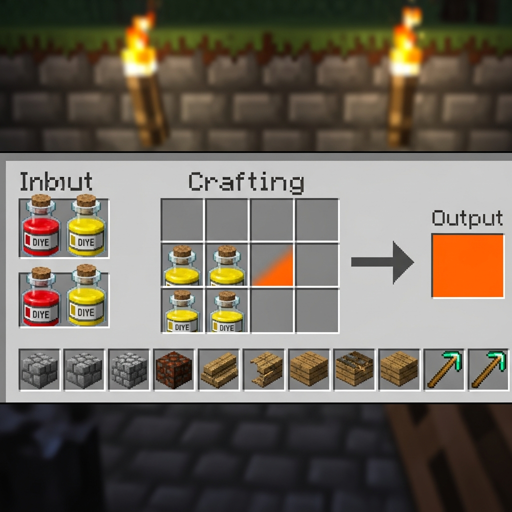 A photorealistic Minecraft crafting table interface showing the mixing of red and yellow dye in the crafting grid to create orange dye, with clear item slots, detailed textures of dye bottles, warm lighting from torches in the background, and visible inventory slots below