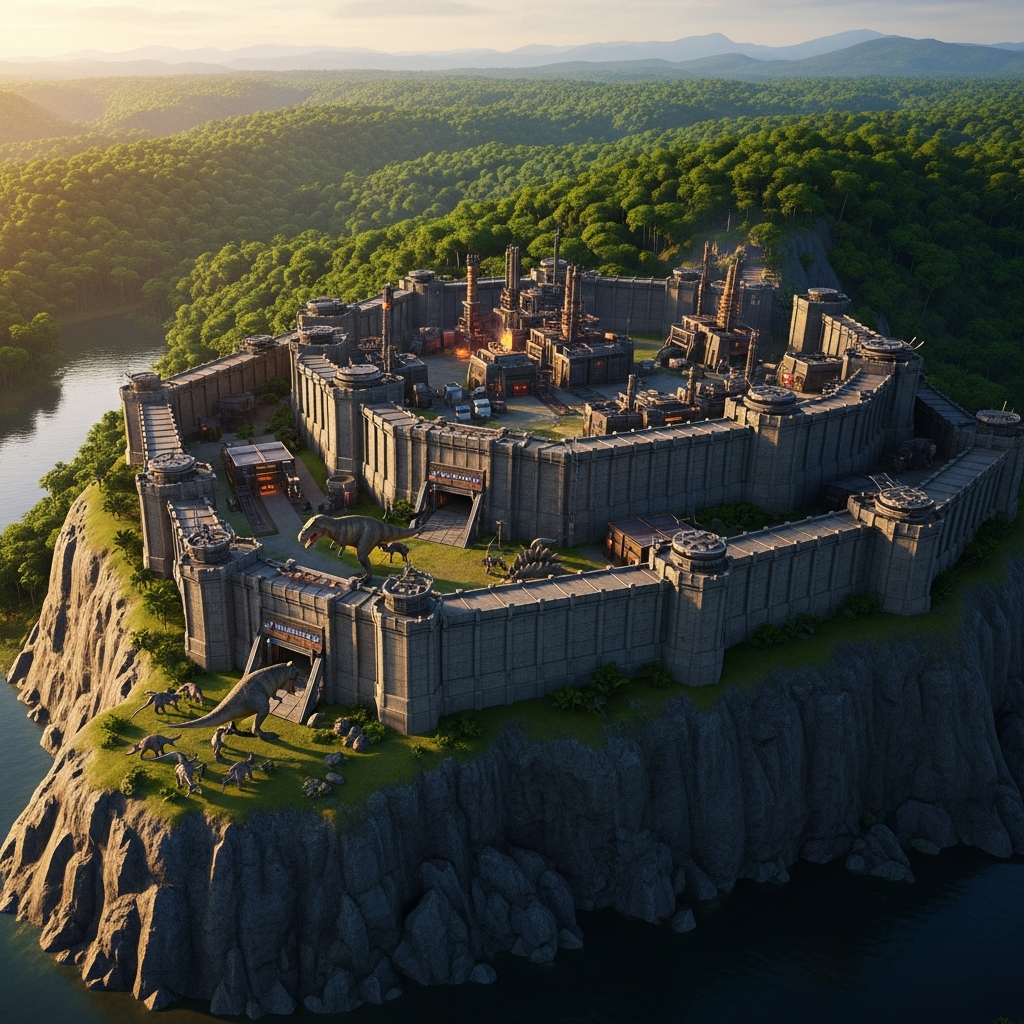 A photorealistic aerial view of a fortified stone base built into a cliff face overlooking a river in ARK Survival Ascended, with metal structures, defensive walls, and tamed dinosaurs visible near the entrance, lush green jungle in the background, golden hour lighting
