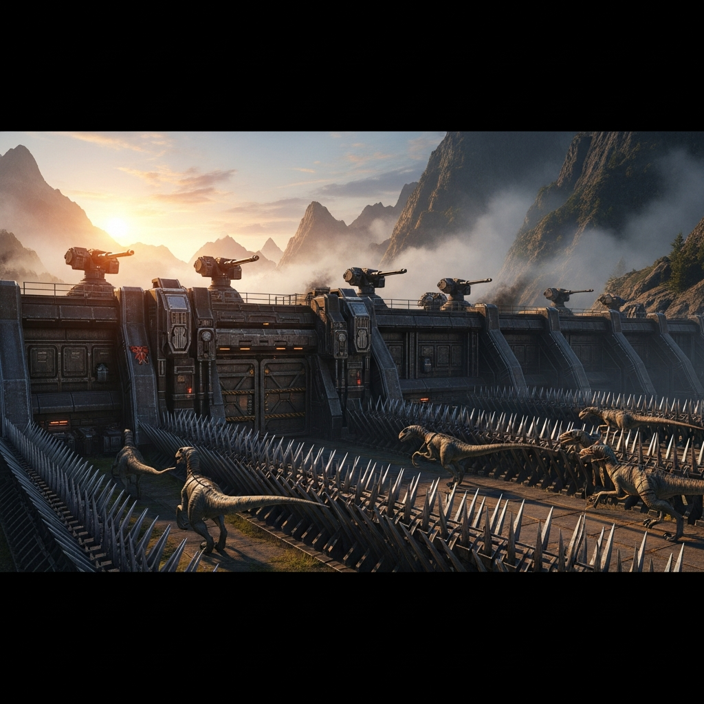 A photorealistic heavily fortified metal base with multiple turrets on walls, spike barriers surrounding the perimeter, tamed velociraptors on patrol, and a massive gate entrance, set in a rocky mountain valley in ARK Survival Ascended, dramatic sunset lighting with volumetric fog