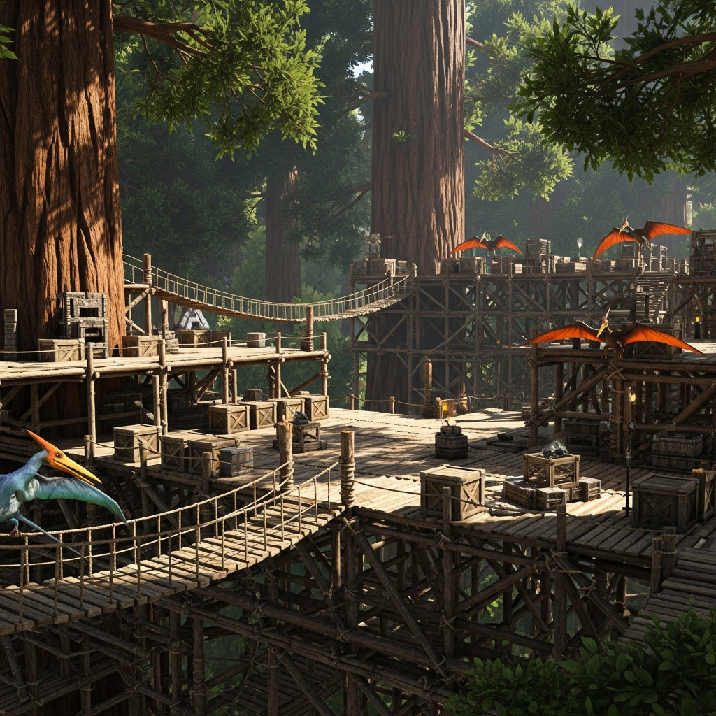 A photorealistic scene of a massive wooden tree platform base built in the canopy of giant redwood trees in ARK, with rope bridges connecting multiple platforms, storage boxes, crafting stations, and tamed pteranodons perched on railings, dappled sunlight filtering through leaves