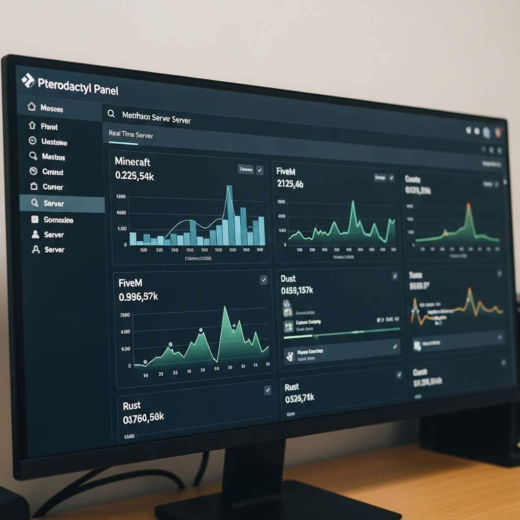 A sleek Pterodactyl Panel dashboard displayed on a widescreen monitor showing multiple game server instances running Minecraft, FiveM, and Rust with real-time CPU, RAM, and player graphs, professional UI design with dark theme, photorealistic rendering