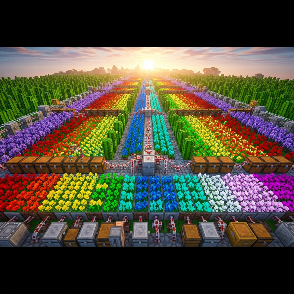 A sprawling automated Minecraft dye farm with rows of colorful flowers, cactus fields, and redstone machinery, surrounded by hoppers and chests filled with dyes, photorealistic sunrise lighting