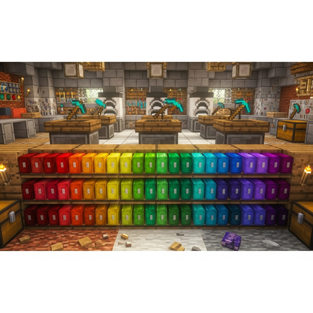 A vibrant Minecraft workshop interior showcasing all 16 wool colors arranged in a rainbow gradient on display shelves, with crafting tables and furnaces in the background, photorealistic lighting
