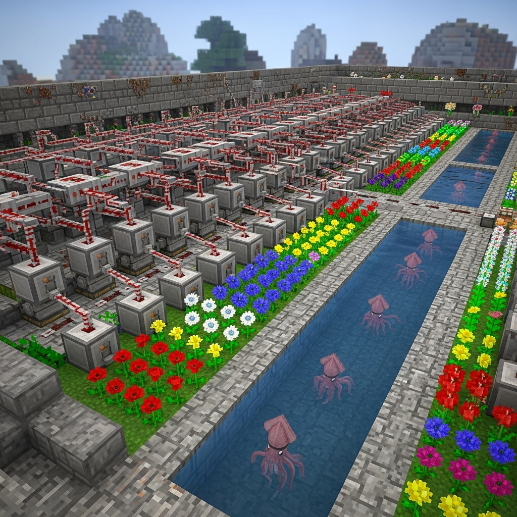 A wide-angle photorealistic view of a Minecraft automatic flower and squid farm, showing a complex redstone mechanism with hoppers, dispensers and colored flowers growing in rows, with water channels containing squids, rendered in detailed textures with depth of field