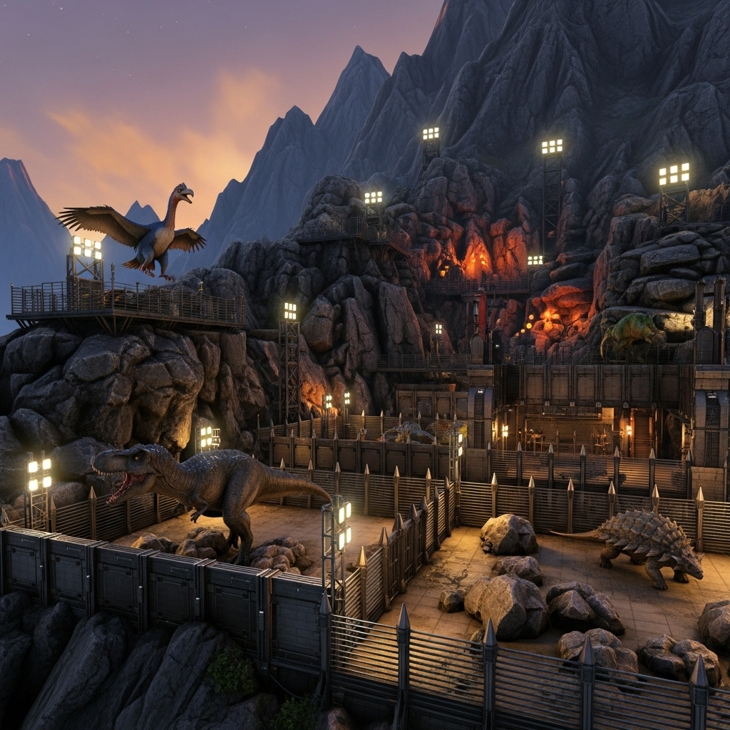 Base ARK fortifiée en métal de niveau avancé construite à flanc de montagne, avec plusieurs enclos de dinosaures visibles incluant Rex, Argentavis et Ankylosaurus, éclairage électrique actif au crépuscule, rendu ultra-réaliste