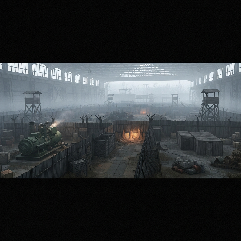 Base secreta fortificada construida dentro de un hangar industrial abandonado en Chernarus, con vallas metálicas reforzadas, torres de vigilancia improvisadas, almacenes de madera y un generador eléctrico funcionando, ambiente post-apocalíptico con niebla matinal
