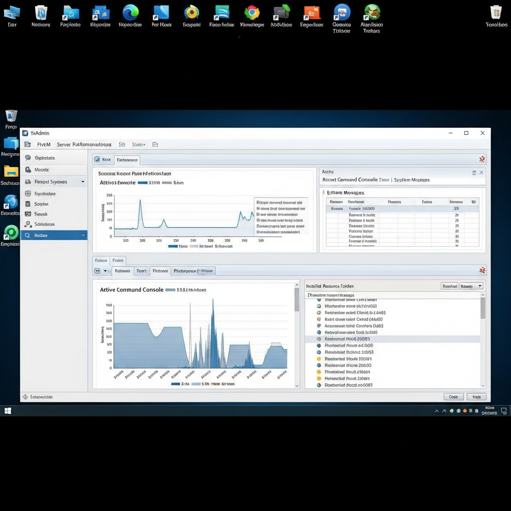 Captura de pantalla de escritorio remoto Windows Server mostrando el panel txAdmin de FiveM abierto con gráficos de rendimiento del servidor, consola de comandos y carpeta de recursos instalados, fondo de escritorio limpio con iconos de herramientas de administración