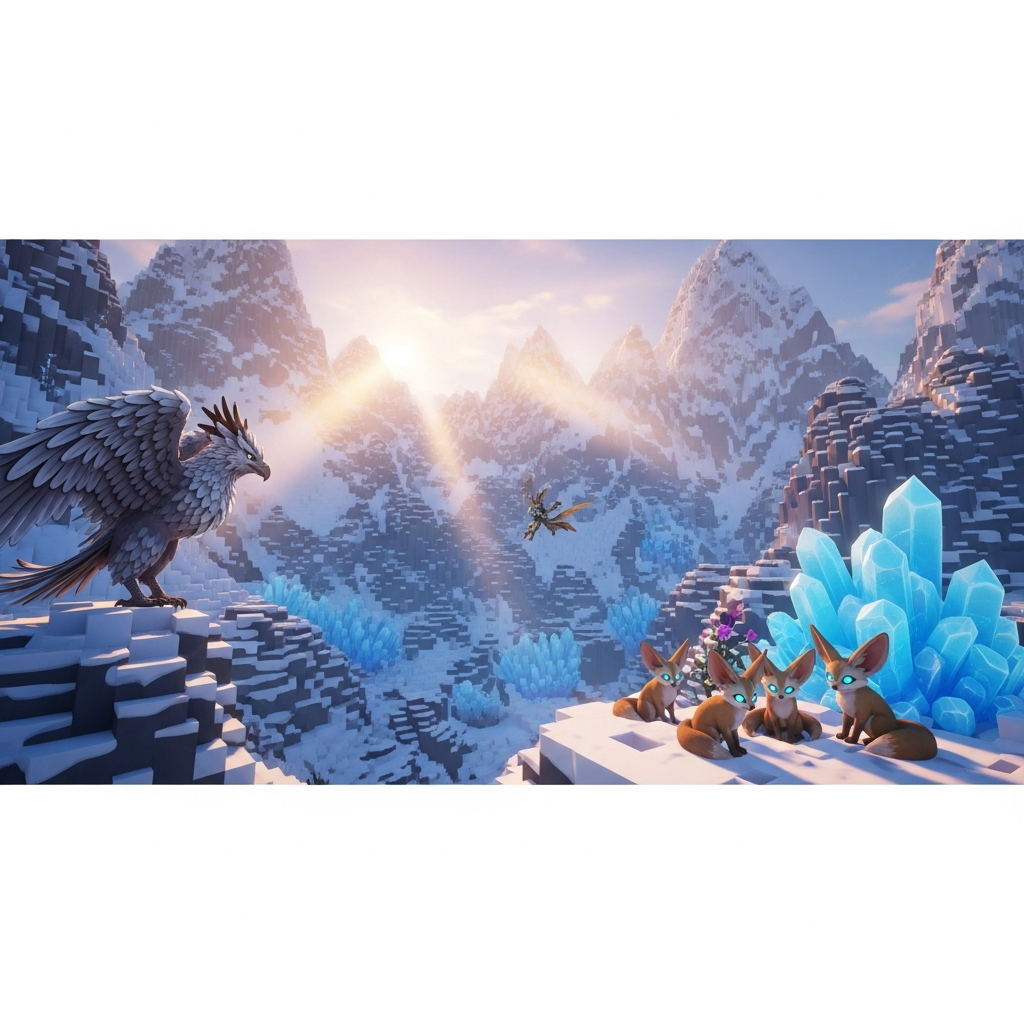 Captura de pantalla del motor gráfico de Hytale mostrando un paisaje de montañas nevadas con iluminación volumétrica, bloques detallados y criaturas fantásticas en primer plano, estilo fotorrealista render 4K