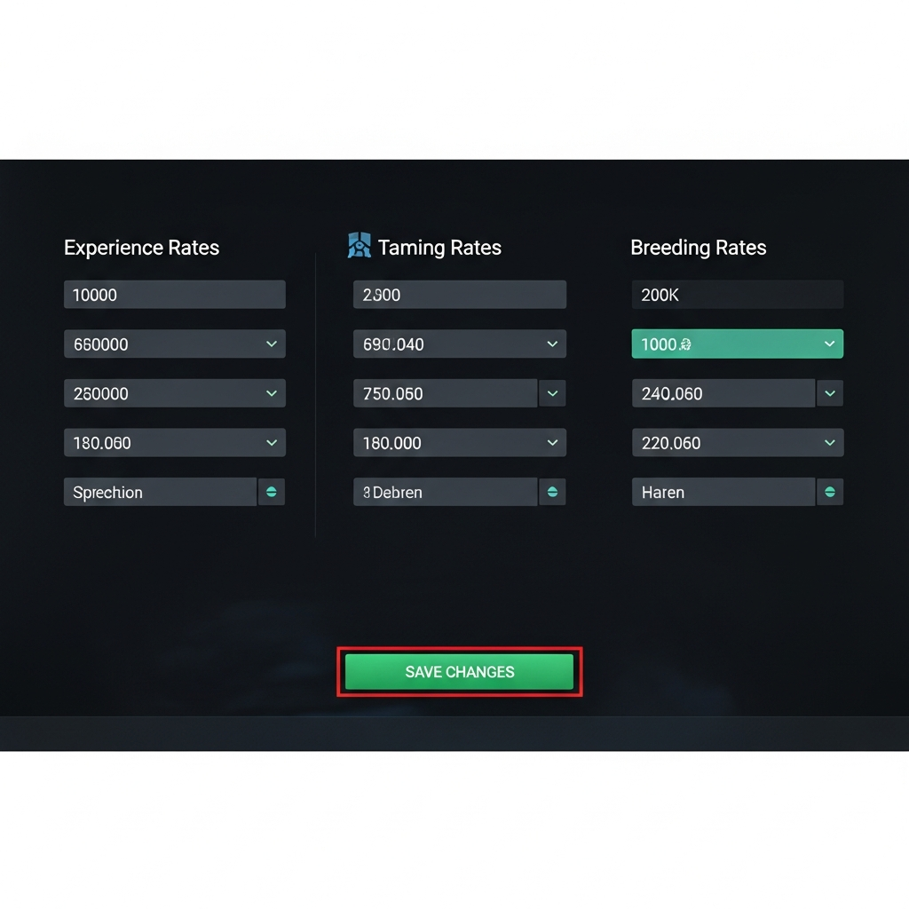 Captura de pantalla del panel de administración de un servidor ARK mostrando las secciones de configuración de rates de experiencia, taming y breeding, con valores numéricos editables y botón de guardar cambios destacado