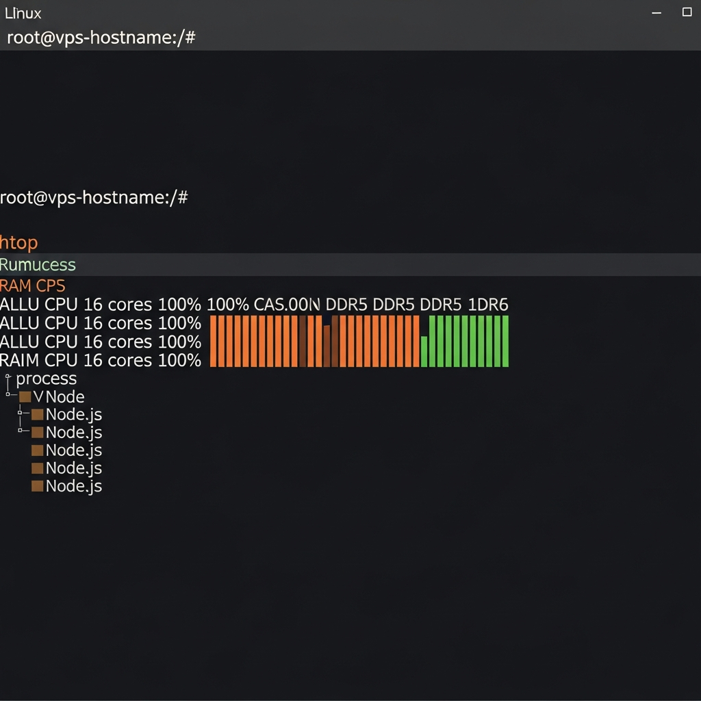 Captura de pantalla de terminal SSH conectado a un VPS Linux, mostrando el prompt root@vps-hostname con el comando 'htop' desplegando en tiempo real 16 núcleos CPU al 100%, barras de RAM DDR5 y procesos de Node.js en ejecución, fondo oscuro estilo Ubuntu Server 22.04 LTS