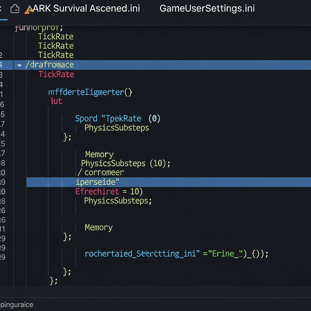 Captura de pantalla de un archivo de configuración GameUserSettings.ini de ARK Survival Ascended abierto en un editor de texto moderno, mostrando parámetros de tick rate, physics substeps y memoria, con líneas de código resaltadas en colores sintácticos sobre fondo oscuro