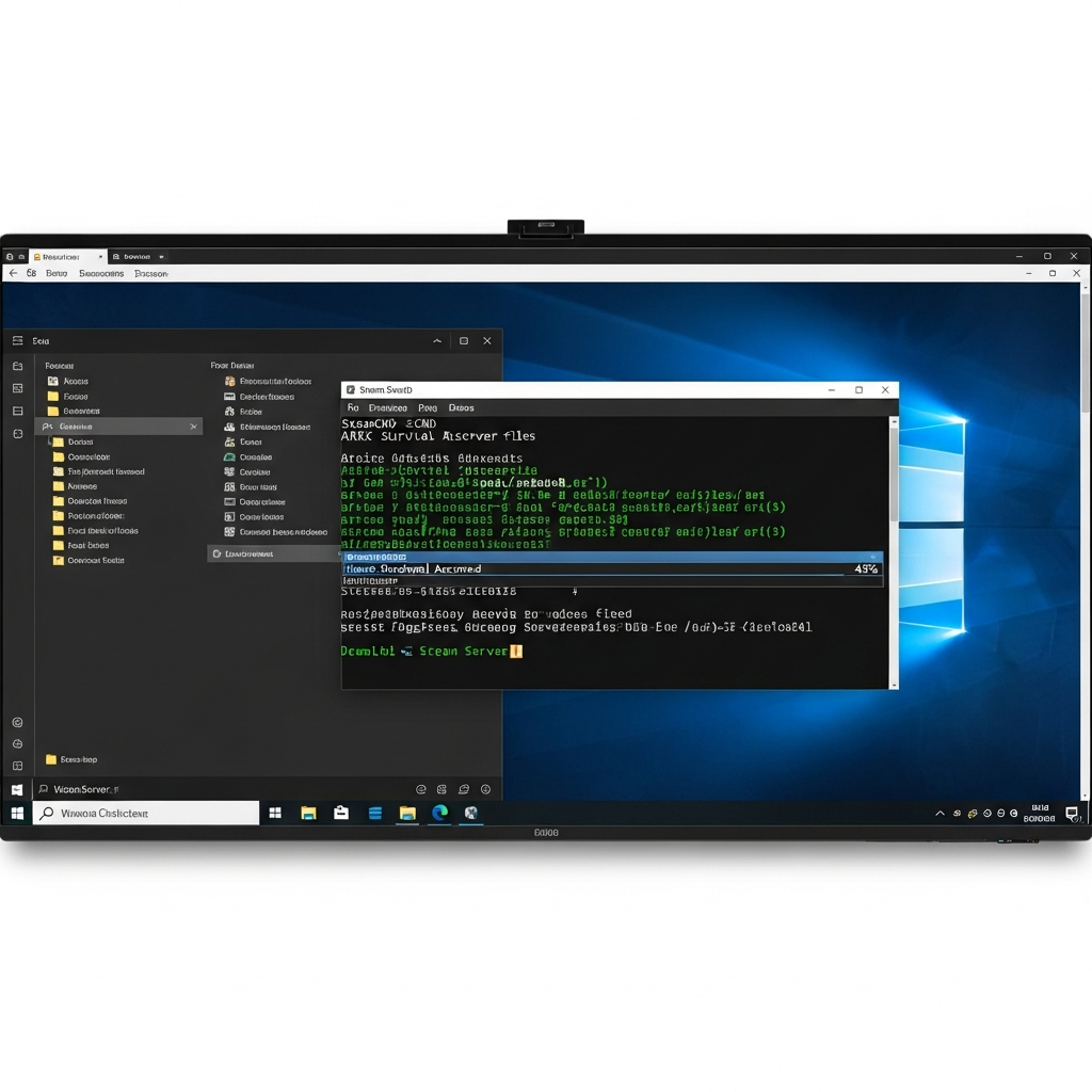 Captura de pantalla de un escritorio de Windows Server con la consola de SteamCMD abierta descargando los archivos del servidor de ARK Survival Ascended, mostrando la barra de progreso al 45% y el terminal con texto verde sobre fondo negro, en un monitor ultrawide con vista del explorador de archivos en segundo plano