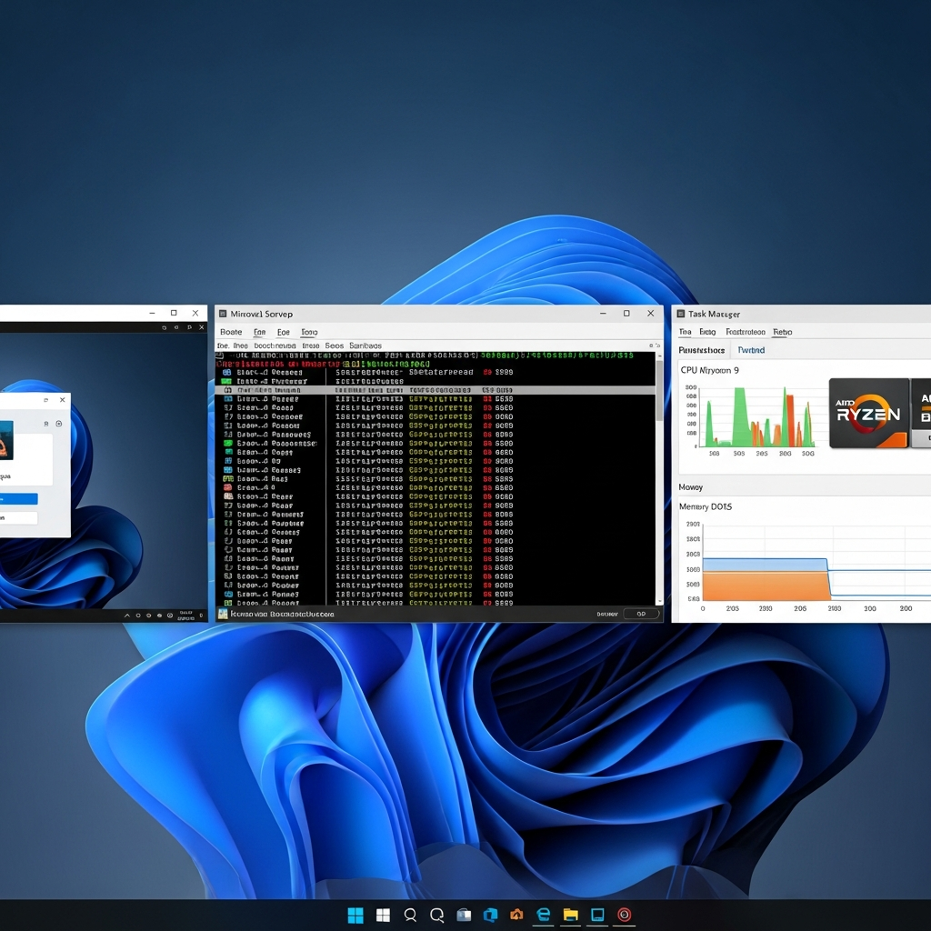 Captura de pantalla fotorrealista de escritorio Windows Server mostrando Remote Desktop abierto, consola de Minecraft Server ejecutándose en CMD con logs en tiempo real, y el Administrador de tareas abierto mostrando uso de CPU AMD Ryzen 9 y RAM DDR5 con gráficos de rendimiento en tiempo real