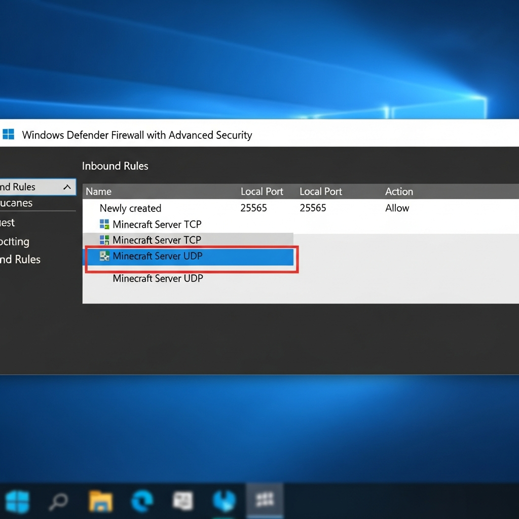 Captura de pantalla fotorrealista del Firewall de Windows Defender con seguridad avanzada, mostrando las reglas de entrada con dos reglas nuevas creadas para Minecraft Server TCP y UDP en puerto 25565, con columnas de Nombre, Protocolo, Puerto local y Acción visibles