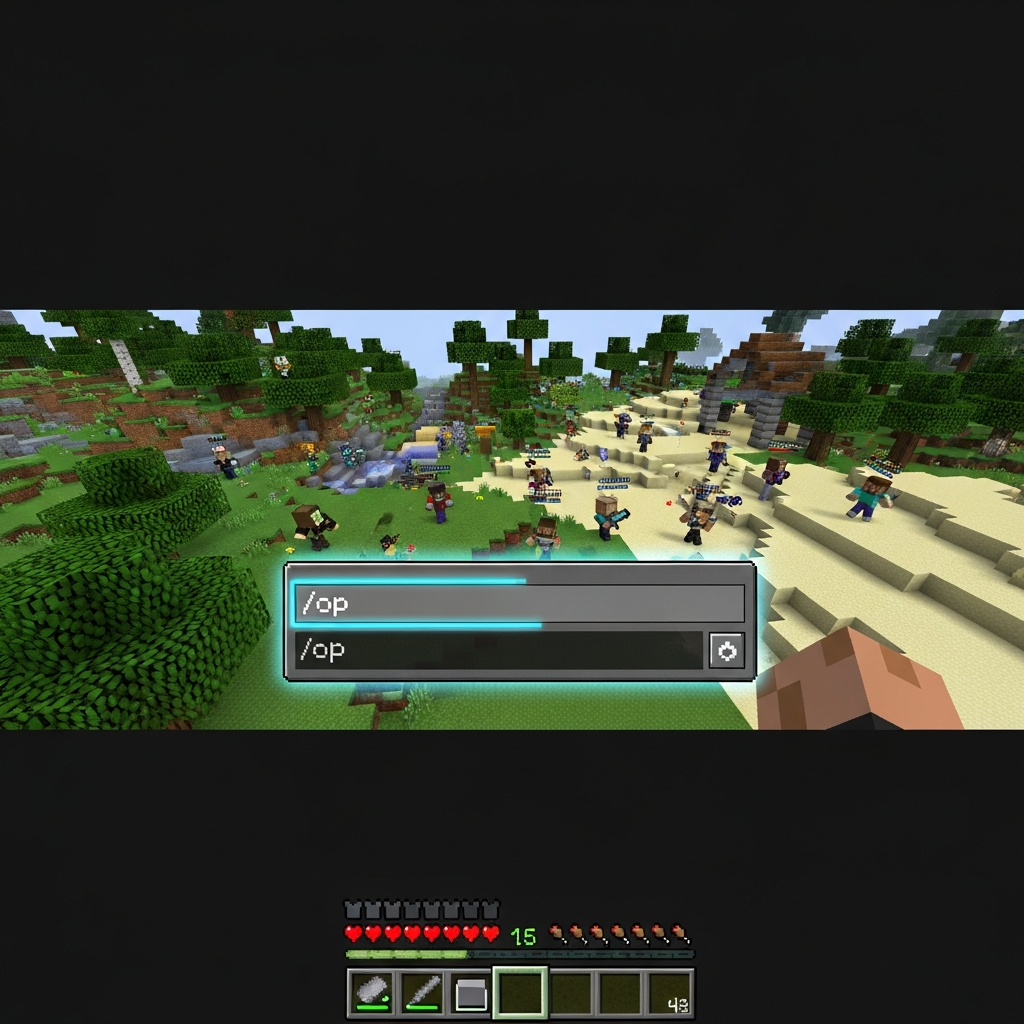 Captura de pantalla fotorrealista de la consola de Minecraft Bedrock Edition mostrando el comando /op siendo ejecutado, con fondo de un servidor multijugador activo, interfaz nítida en resolución 4K y efecto de iluminación volumétrica en el chat del juego