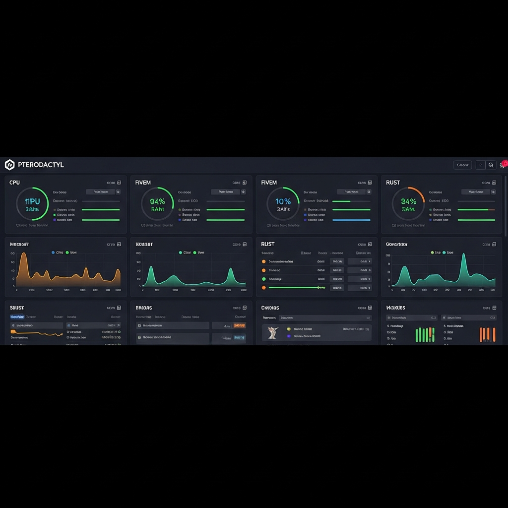 Captura de pantalla fotorrealista del panel Pterodactyl mostrando múltiples servidores de juegos (Minecraft, FiveM, Rust) con gráficos de uso de CPU y RAM en tiempo real, interfaz moderna con tema oscuro, dashboards detallados y métricas de rendimiento